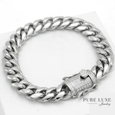 Men's 8.5''Silver Stainless Steel 10mm Cuban Curb Cubic Zirconia Bracelet,Box