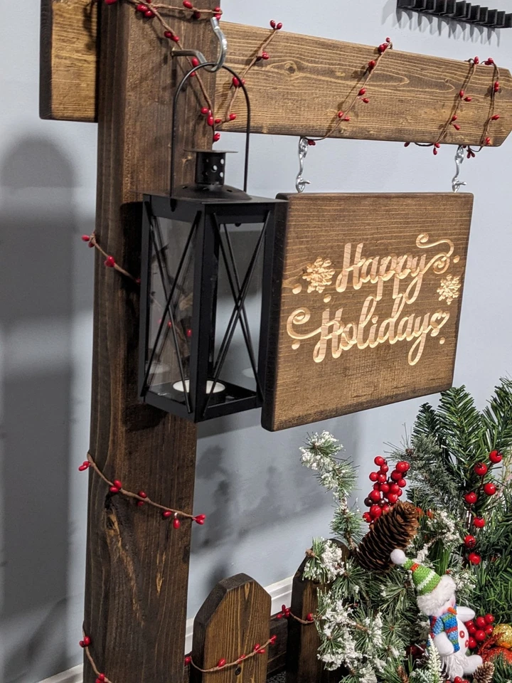 Rustic Handmade Standing Porch Sign Post Happy Holidays Welcome Lantern Decor - Image 4 of 4