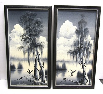 TS Driskell Bayou Artist Louisiana Herons Matching Pair and Frames 1961 & 1965