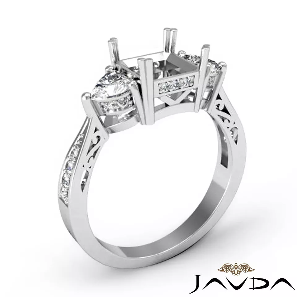 3 Stone Diamond Wedding Filigree Ring Princess Semi Mount 18k White Gold 0.82Ct - Image 2 of 4