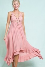 La Miel Peach Boho Crochet Stretchy Lace Trim Slip Tiered Hem Maxi Long Dress