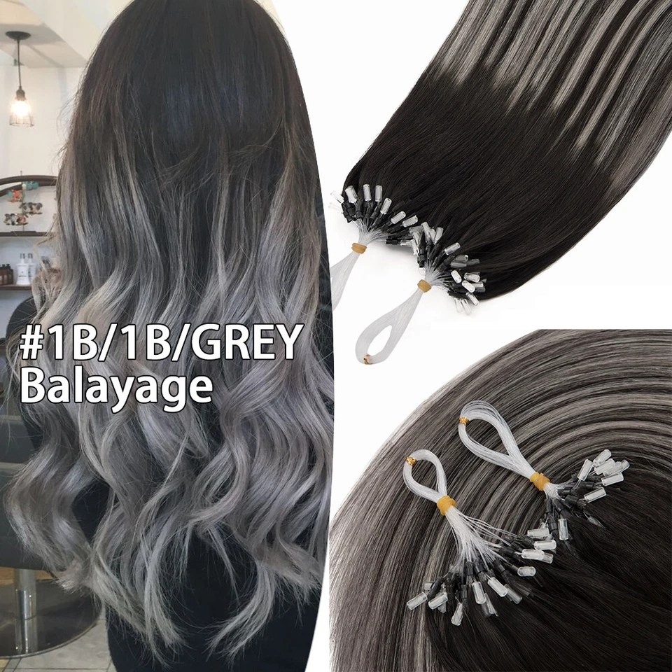 Micro Anillos Eslabón Lazo Cuentas Punta 100% Real Remy Extensiones de Cabello Humano Cabeza Completa Foto 2 de 4