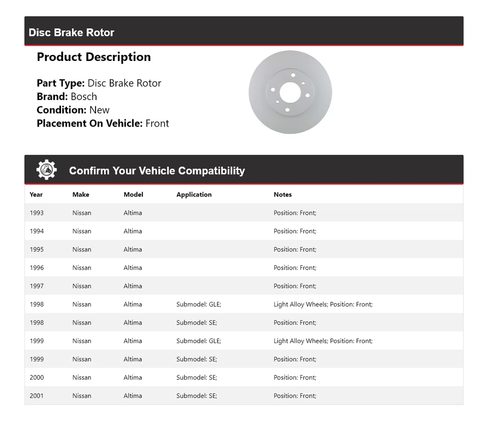 Rotor de freno de disco delantero QuietCast para Nissan Altima Bosch 1993-2001 1994 1995 Foto 2 de 4