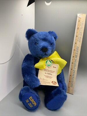 VTG Hermann German Blue Teddy Bear Europa 92 #2833/3000 Mohair Jointed Orig Tags