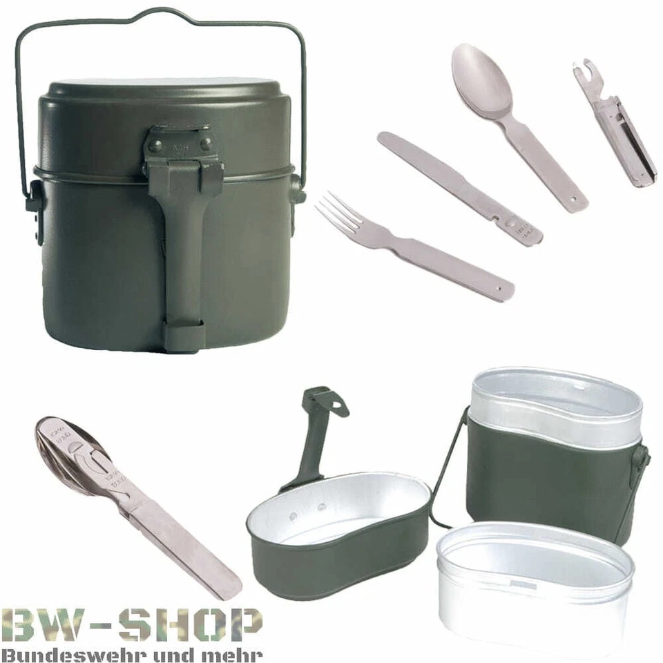 BUNDESWEHR SET KOCHGESCHIRR 3-TLG. + ESSBESTECK 4-TLG. NEU BW ARMEE ESSGESCHIRR