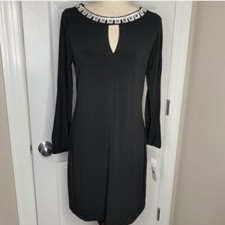 NWT Eliza J Embellished Rhinestone Jewel Neckline Black Dress Long Sleeves Sz 4