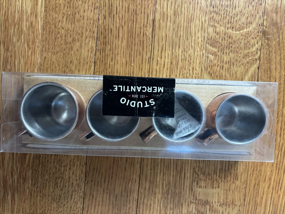 Juego de 4 vasos de chupito mini mula Moscow enchapados en cobre nuevo en caja SS Foto 2 de 2