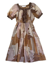 Rosace Dress Womens Med Baby Doll Cotton Beige Brown Trees Puff Sleeve Retro