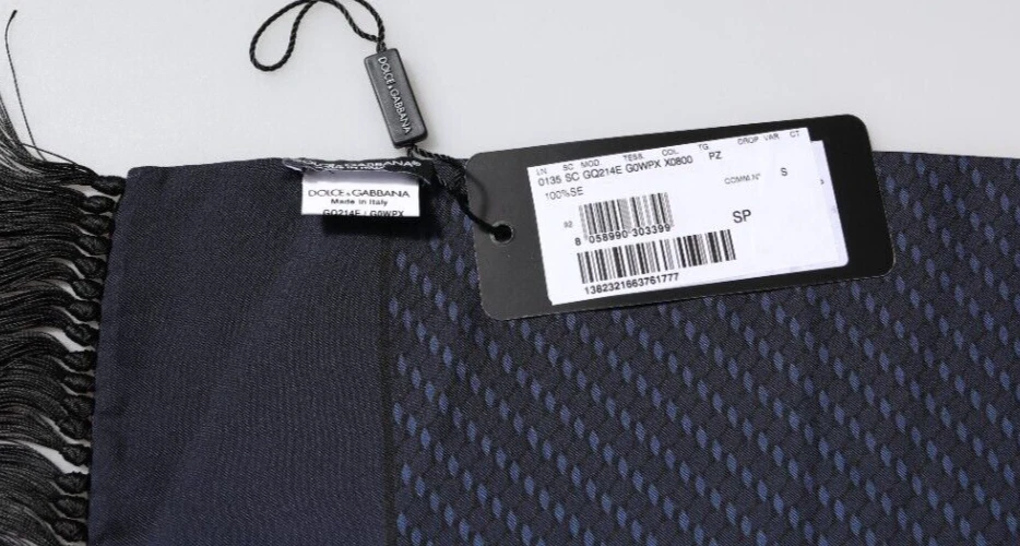 DOLCE & GABBANA Bufanda Azul Oscuro Fantasía Flecos Cuello Envoltura 140cm x 15cm 400usd Foto 3 de 3