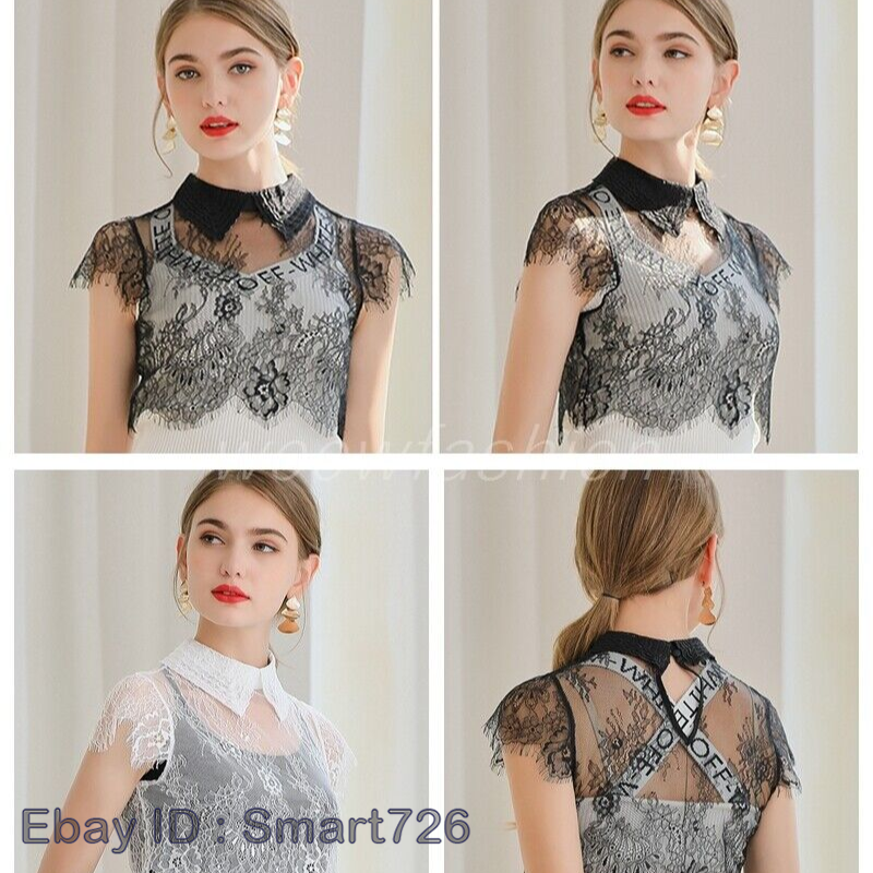 Lace Faux Collar Short Sleeve Half Blouse Pullover Lining