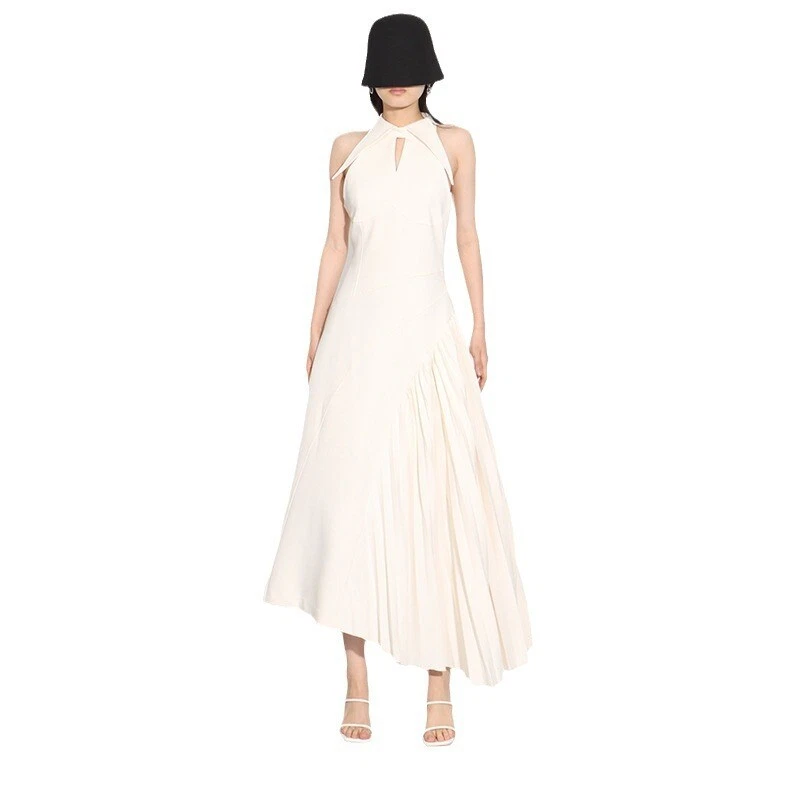 OFF WHITE Abito lungo donna francese colletto a punta senza maniche asimmetrico grande swing dress