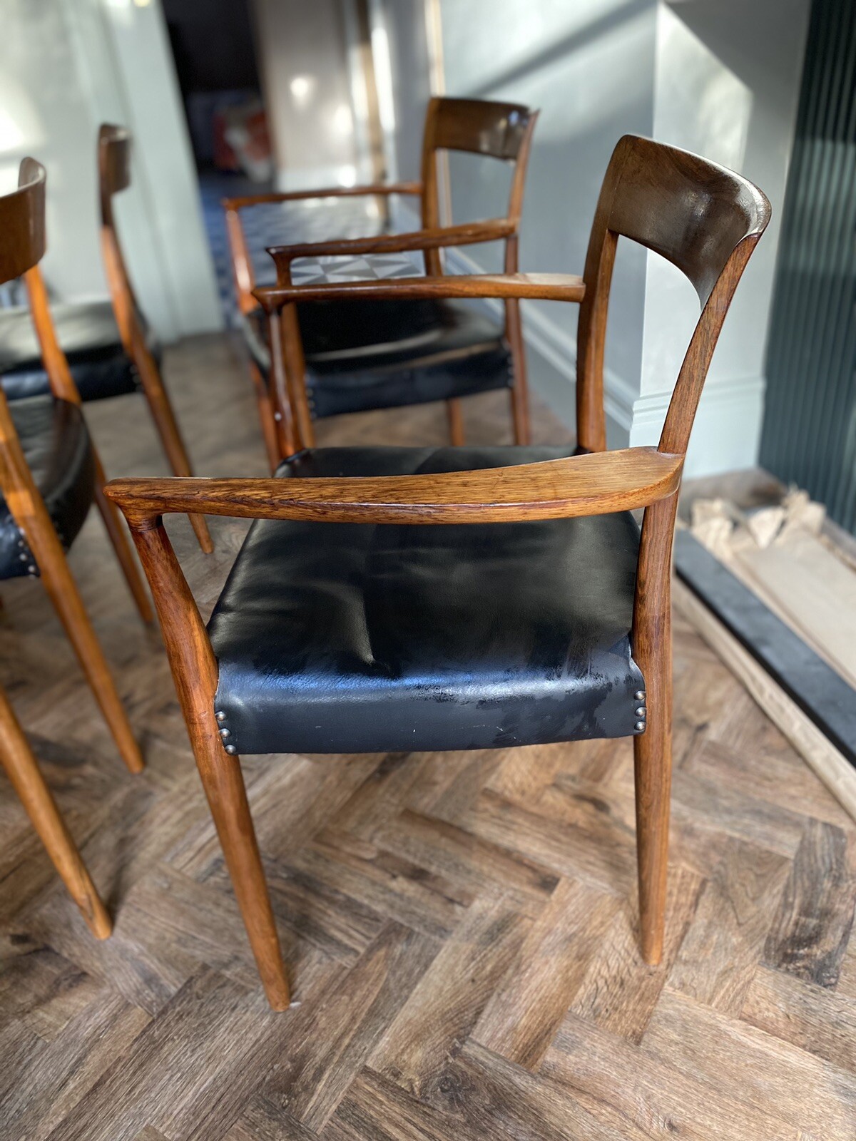 5 Mid Century Danish Rosewood And Leather Dining Chairs eBay