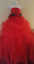 Romantic Red Rose Holiday Strapless Corset Tulle Bridal Wedding Ball Gown