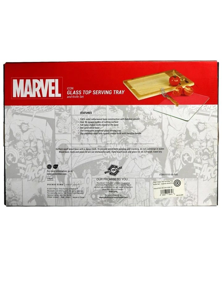 Picnic Time Captain America Glass Top Serving Tray & Knife Set Marvel Brand New - Image 2 of 3