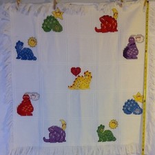 Party-saurs Cross stitch needlepoint Dinosaur Themed Baby Blanket, Fringe afghan