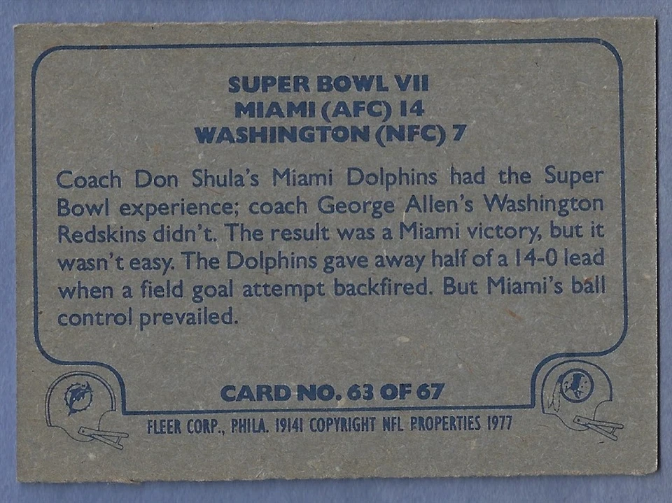 1977 Fleer Football Card #63 Super Bowl VII Larry Csonka Dolphins Ex+/ExMt - Image 2 of 2
