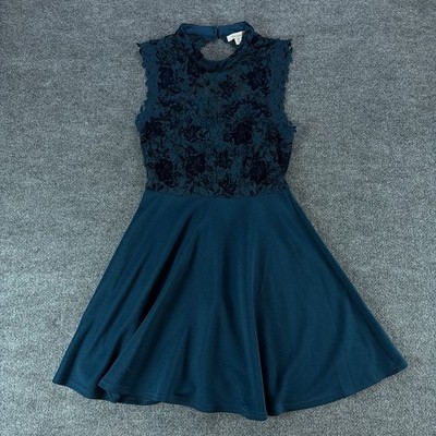 Francescas Teal Green Lace Velvet Skater Dress Sleeveless High Neck Keyhole M