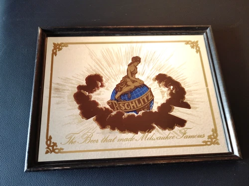 VTG Schlitz Beer Bar Mirror Sign "Beer That Made Milwaukee Famous" Lady & Globe