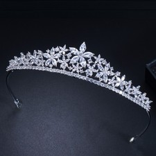 Silver Plated Flower Cluster Zircon Crystal Tiara Wedding Bride Hair Accessories