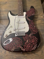 Electric Guitar  Engraved Red Roses And Vines Black And White Paint Originally