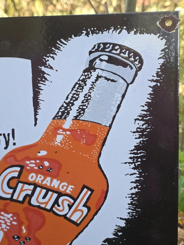 RARE GIANT VINTAGE 1950'S ORANGE CRUSH 16" X 13" PORCELAIN GAS STATION SIGN . - Image 2 of 4