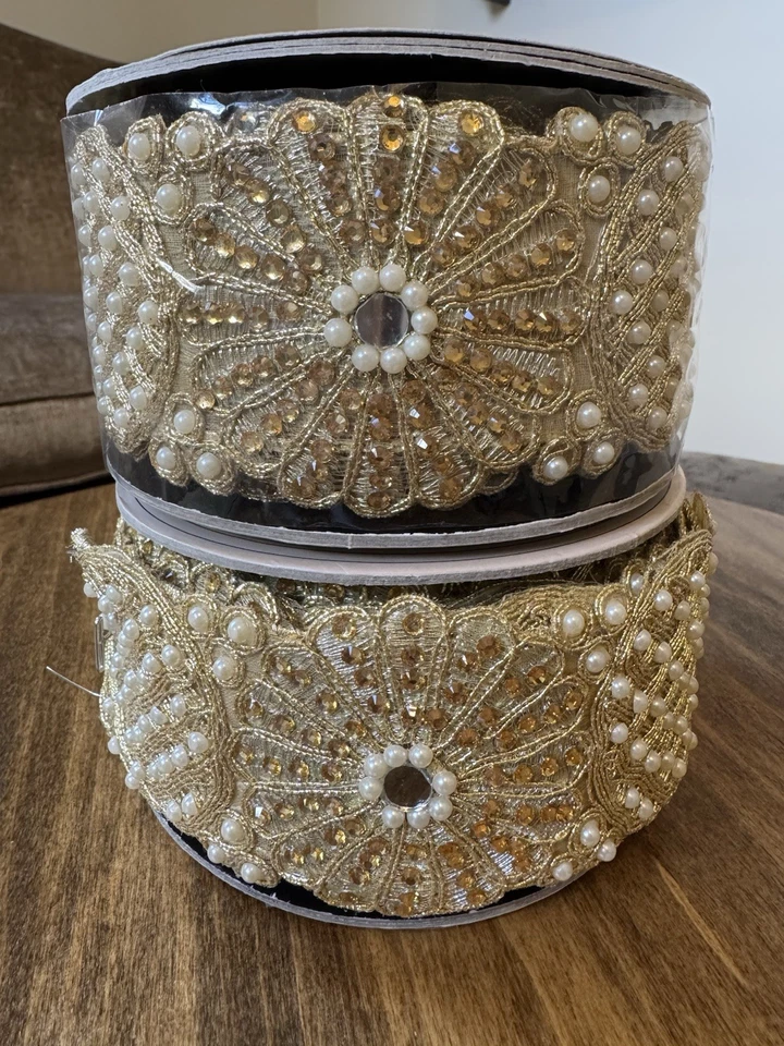 D. Stevens Ribbon Gold Metallic With Pearl Embellishments 2.5” Wide 15’ Rare - Image 2 of 4