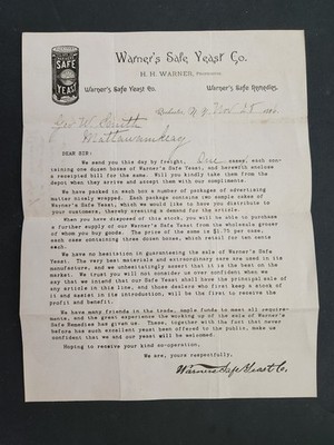 1886 antique WARNER S SAFE YEAST co. rochester ny ADVERTISING LETTER wholesale