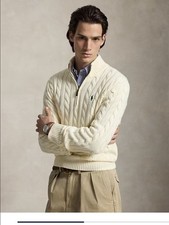 Polo Ralph Lauren Men's Ivory Cable-Knit 1/2 Zip Mock Neck Sweater
