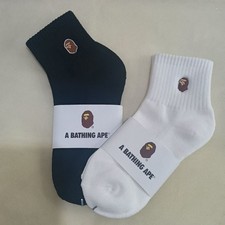 Combo 2-Pack BAPE A Bathing Ape Crew Socks Black  White Embroidered Head Logo