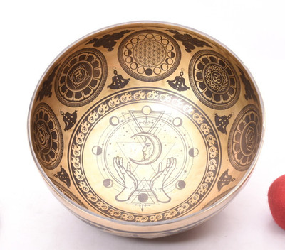 9 Inch Sun Moon Shree Yantra Flower of Life Seven Chakra Handmade Singing Bowl