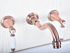 Antique Red Copper Widespread Bathroom Sink Faucet Mixer Tap 3 Holes Wall-Mount