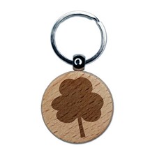Three Leaf Clover Solid Engraved Wood Round Keychain Tag Charm