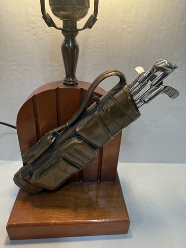 Golfer Lamp Vintage Metal Clubs Wooden Back No Lamp Shade Golf Table Lamp - Picture 2 of 21