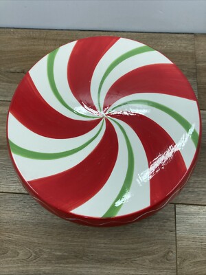 Red Peppermint Swirl Footed Cake Stand Plate Pedestal Chip & Dip Bowl Set 11''