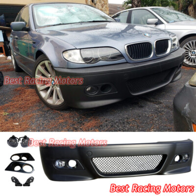 For BMW E46 4dr 3-Series M3 Style Front Bumper + Glass Fog + Dual Hole Covers