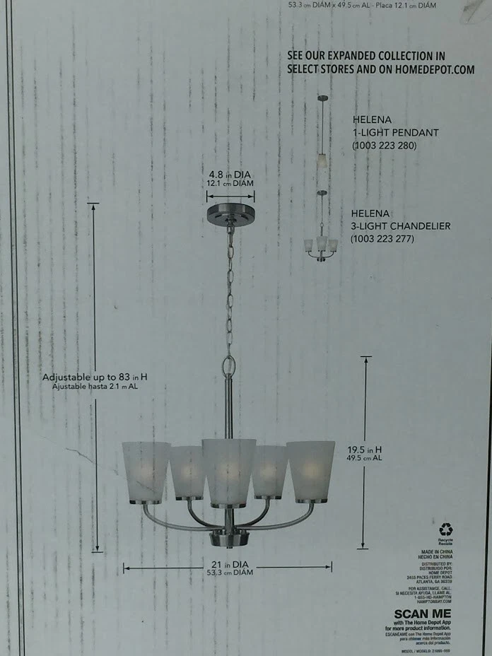 Lámpara colgante Helena 21 pulgadas 5 luces níquel cepillado con pantallas de vidrio esmerilado Foto 2 de 4