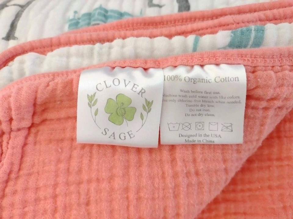 Manta bebé muselina letras alfabeto algodón orgánico trébol y salvia naranja blanco Foto 2 de 4