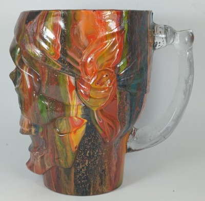 Rare Large Streaking Multi Color Glass Pirate Skull Mug. 6 3/8''  Tall.