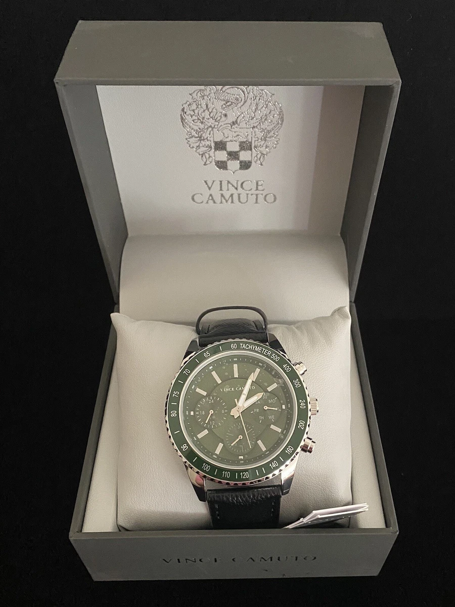 Vince Camuto Black Leather Green Dial Multi-Function Men