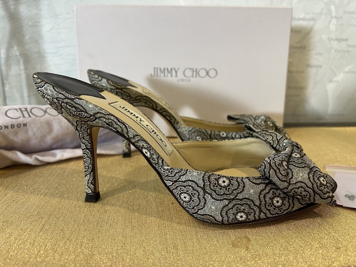 Jimmy Choo Kerala Brocade Gold Brown Silver Crystal Mules Shoes