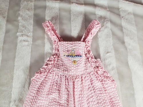 Vintage Baby Girls Pink White Plaid Seersucker Ruffle Bunny Overalls 6-9 Months - Picture 3 of 11