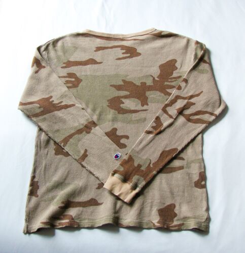 Mens Vintage Champion Desert Beige Camo Print Long Sleeve Waffle Knit T Shirt XL - Picture 2 of 7
