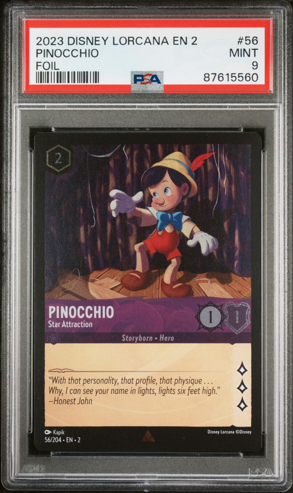 Disney Lorcana Rise of the Floodborn Pinocchio Star Attraction Foil 56/204 PSA 9