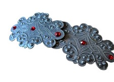 Vtg Art Deco Barrette Stay Tight Clasp Made in France Pewter Red Rhinestones