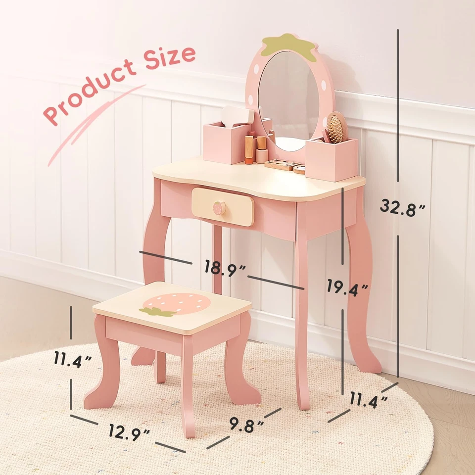 Juego de tocador para niños con tema de fresa con taburete a juego Foto 3 de 4