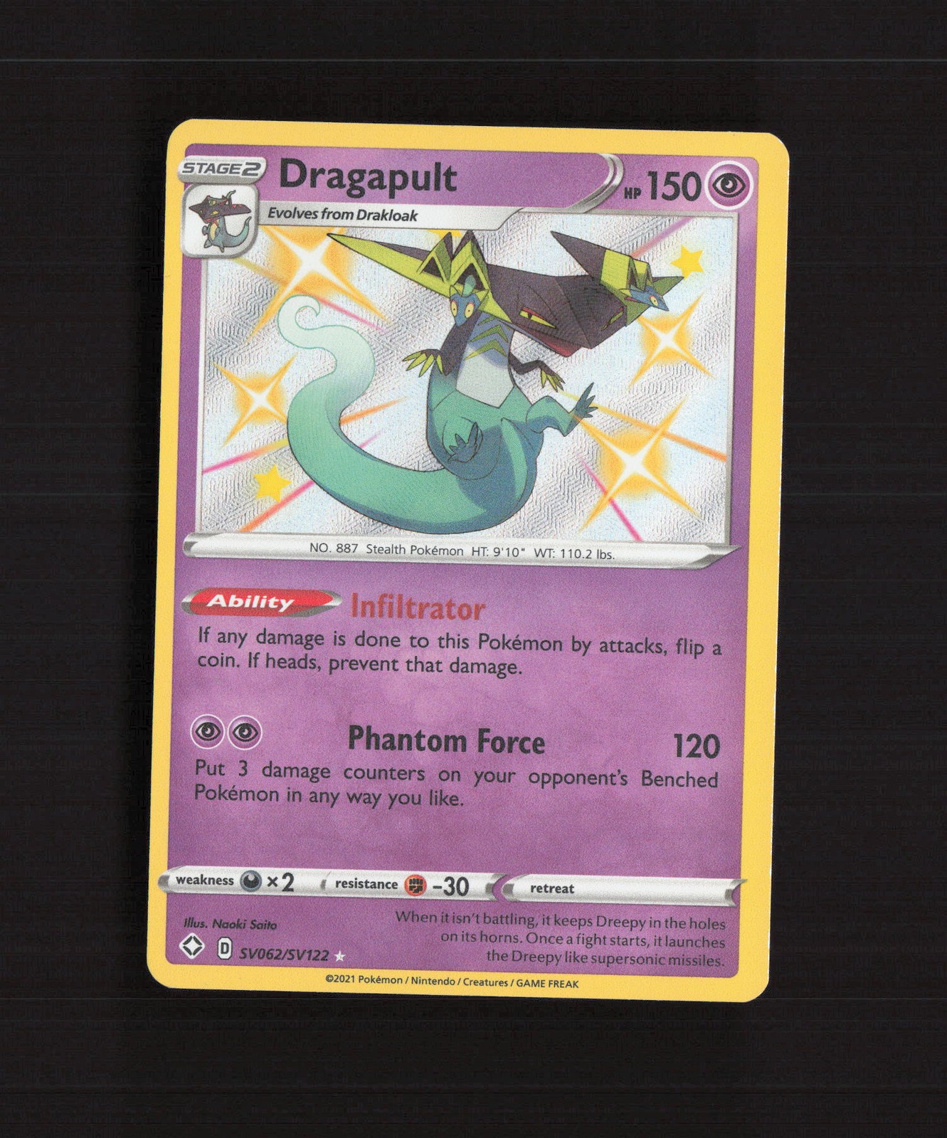 Dragapult SV062/SV122 Shining Fates Shiny Holo Rare OFFCENTER Pokemon Card NM
