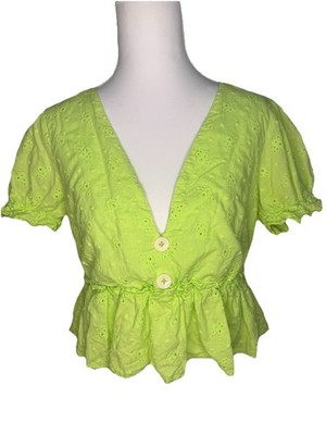 Line & Dot Eyelet Peplum Top Medium Neon Lime Green Puff Sleeve Cotton Blouse