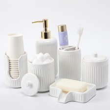 Ceramic Bathroom Accessories Set of 6 White, Soap Dispenser, Toothbrush Holde...