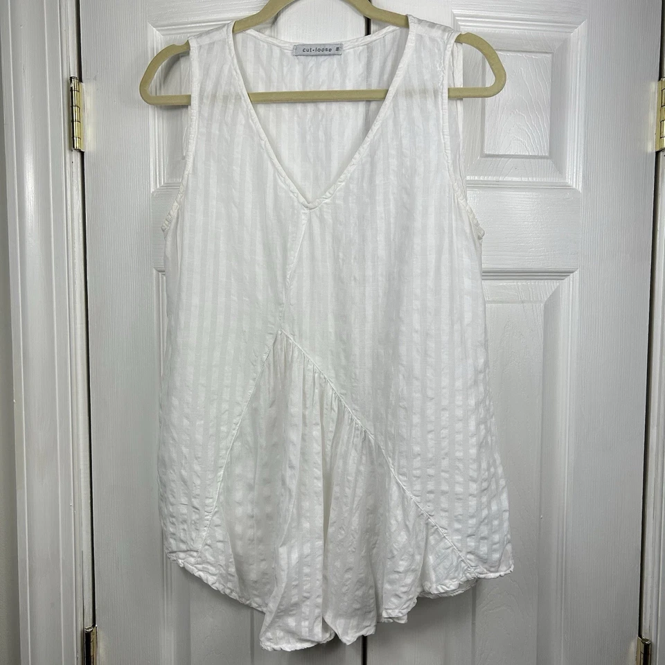 Camisa feminina sem mangas corte solto M mistura de linho branco Lagenlook EUA - Imagem 2 de 4