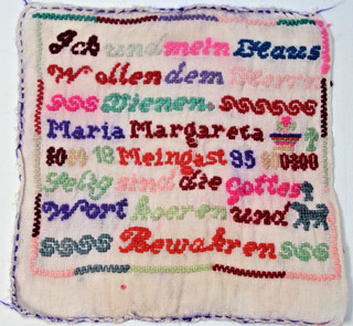 Altes Stickmustertuch mit Spruch von Maria Margarete Meingast 1895